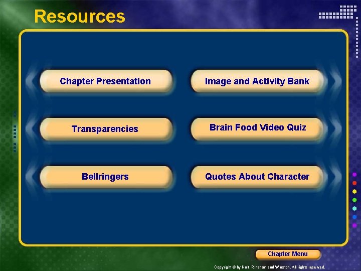 Resources Chapter Presentation Image and Activity Bank Transparencies Brain Food Video Quiz Bellringers Quotes