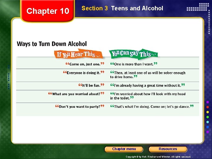 Chapter 10 Section 3 Teens and Alcohol Chapter menu Resources Copyright © by Holt,