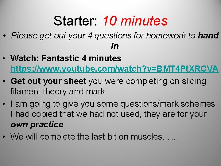 Starter: 10 minutes • Please get out your 4 questions for homework to hand