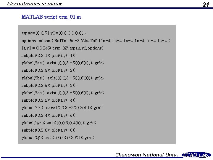 Mechatronics seminar 21 MATLAB script crm_01. m tspan=[0 0. 5]; y 0=[0 0 0