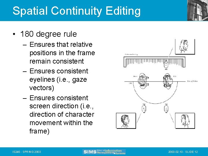 Spatial Continuity Editing • 180 degree rule – Ensures that relative positions in the