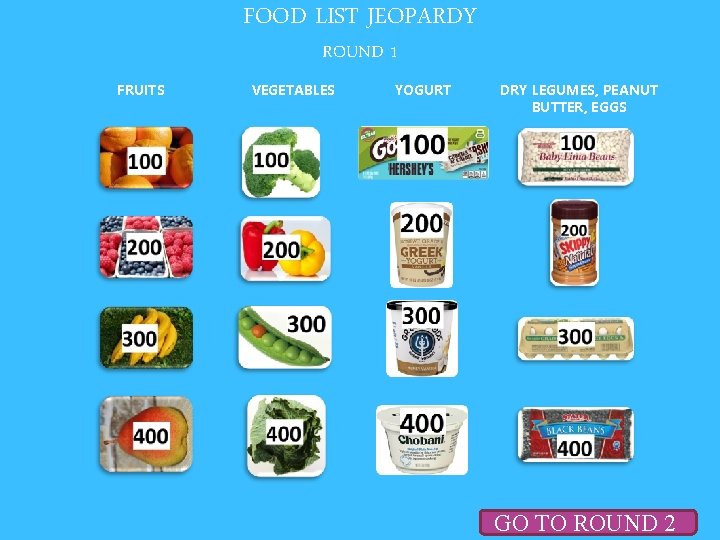 FOOD LIST JEOPARDY ROUND 1 FRUITS VEGETABLES YOGURT DRY LEGUMES, PEANUT BUTTER, EGGS GO