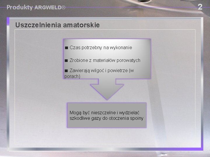 2 Produkty ARGWELD® USING PROVISIONAL DAM SYSTEMS Uszczelnienia amatorskie ■ Czas potrzebny na wykonanie