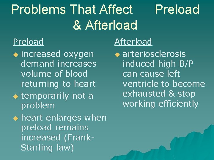 Problems That Affect & Afterload Preload Afterload u increased oxygen u arteriosclerosis demand increases