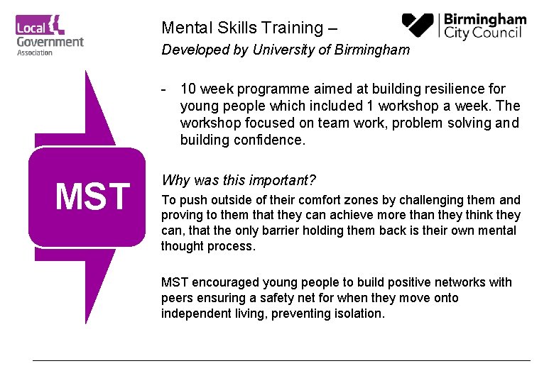 Mental Skills Training – Developed by University of Birmingham - 10 week programme aimed