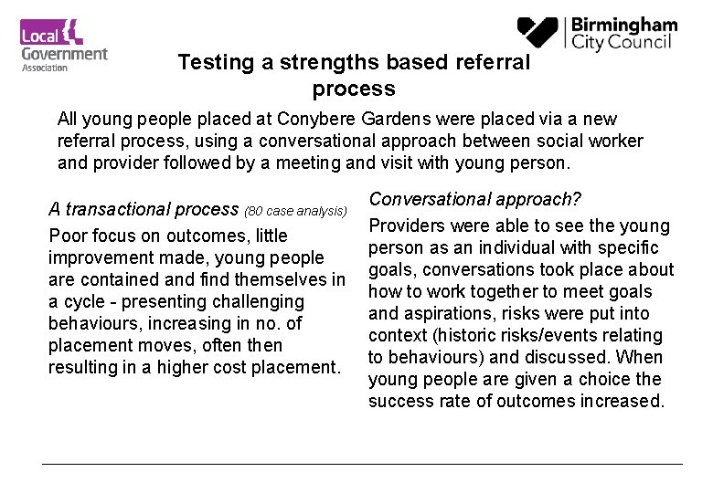 Testing a strengths based referral process All young people placed at Conybere Gardens were