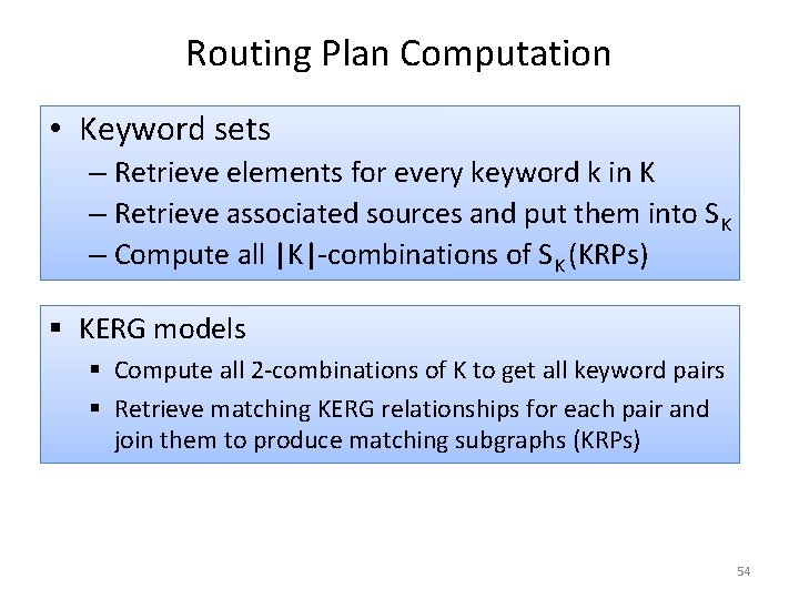 Routing Plan Computation • Keyword sets – Retrieve elements for every keyword k in