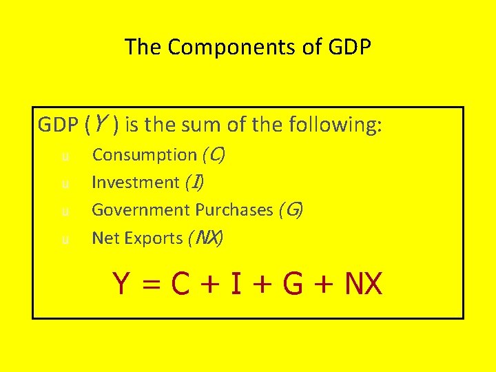 The Components of GDP (Y ) is the sum of the following: u u