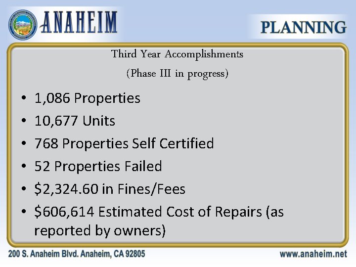 Third Year Accomplishments (Phase III in progress) • • • 1, 086 Properties 10,