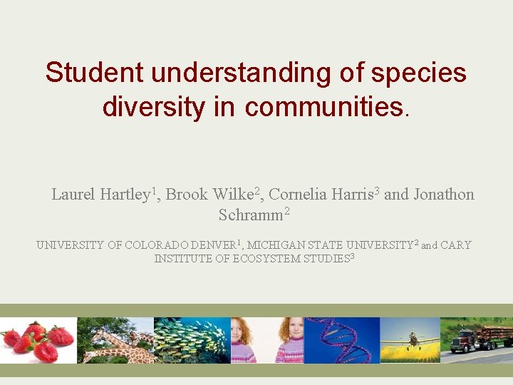 Student understanding of species diversity in communities. Laurel Hartley 1, Brook Wilke 2, Cornelia