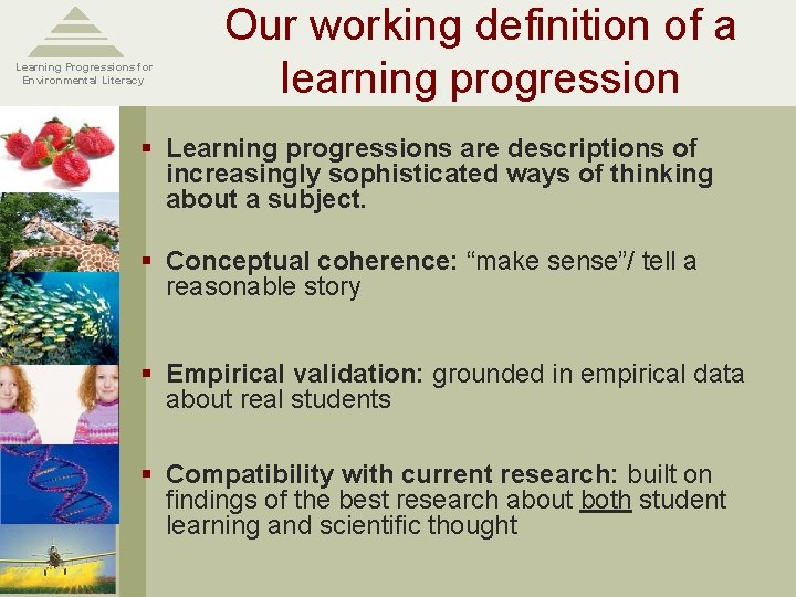  Learning Progressions for Environmental Literacy Our working definition of a learning progression §