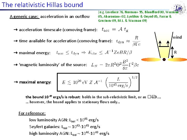 The relativistic Hillas bound A generic case: acceleration in an outflow (e. g. Lovelace The relativistic Hillas bound A generic case: acceleration in an outflow (e. g. Lovelace