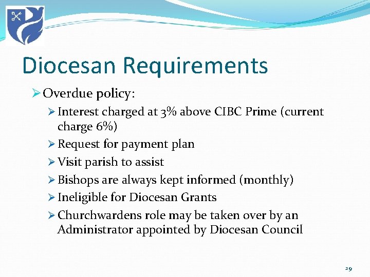 Diocesan Requirements Ø Overdue policy: Ø Interest charged at 3% above CIBC Prime (current