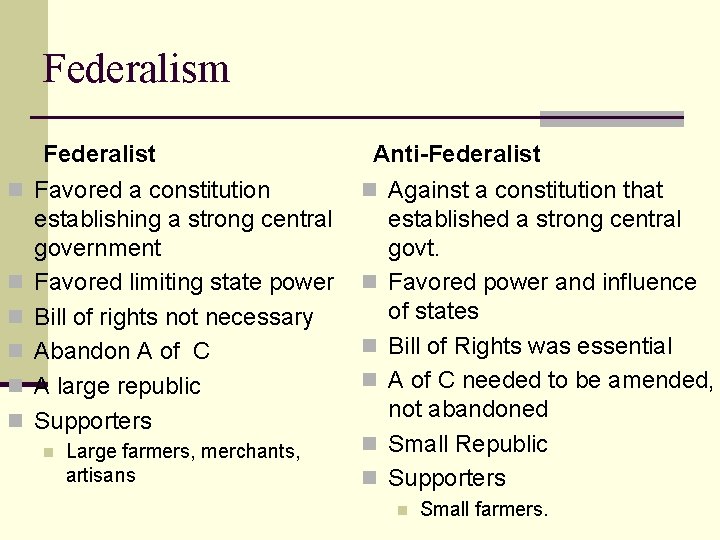 Federalism n n n Federalist Favored a constitution establishing a strong central government Favored Federalism n n n Federalist Favored a constitution establishing a strong central government Favored