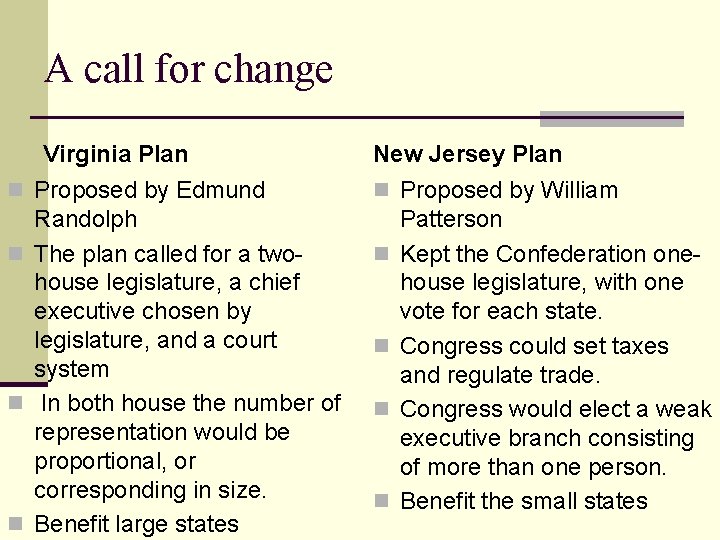 A call for change n n Virginia Plan Proposed by Edmund Randolph The plan A call for change n n Virginia Plan Proposed by Edmund Randolph The plan