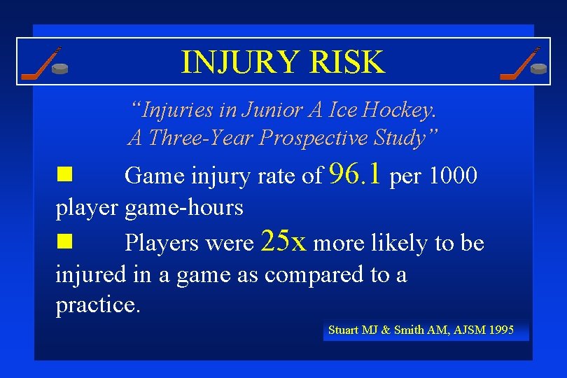 INJURY RISK “Injuries in Junior A Ice Hockey. A Three-Year Prospective Study” n Game