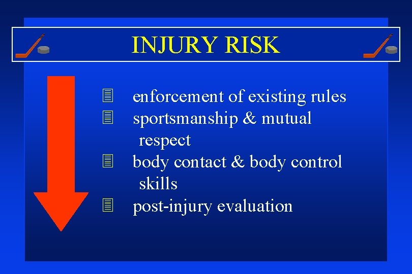 INJURY RISK 3 enforcement of existing rules 3 sportsmanship & mutual respect 3 body