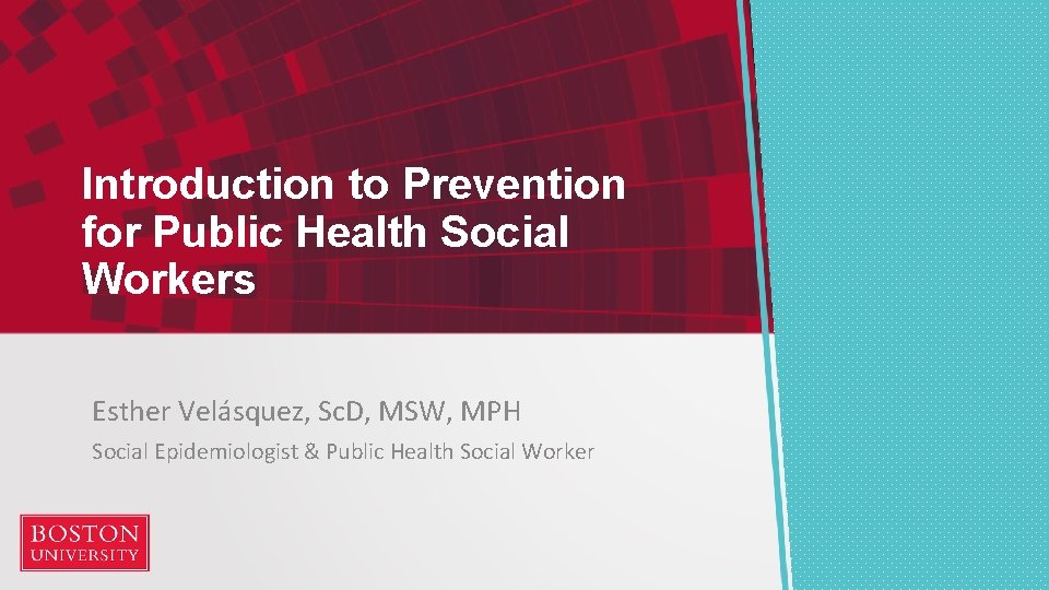 Introduction to Prevention for Public Health Social Workers Esther Velásquez, Sc. D, MSW, MPH