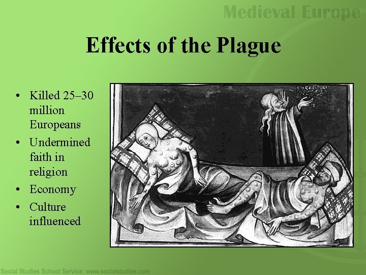 Effects of the Plague • Killed 25– 30 million Europeans • Undermined faith in