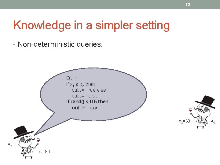 12 Knowledge in a simpler setting • Non-deterministic queries. Q’ 1 = if x