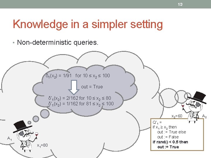 13 Knowledge in a simpler setting • Non-deterministic queries. δ 1(x 2) = 1/91