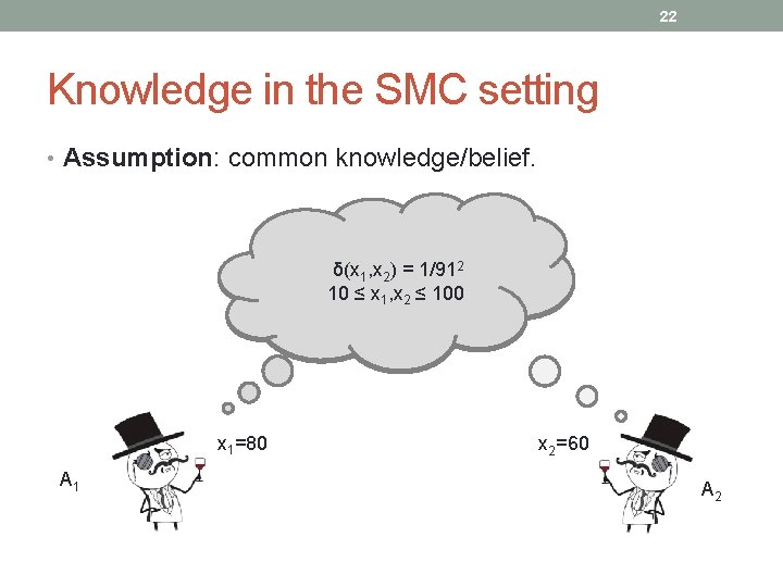 22 Knowledge in the SMC setting • Assumption: common knowledge/belief. δ(x 1, x 2)