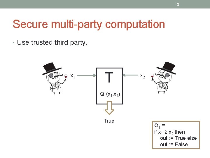 3 Secure multi-party computation • Use trusted third party. x 1 T x 2