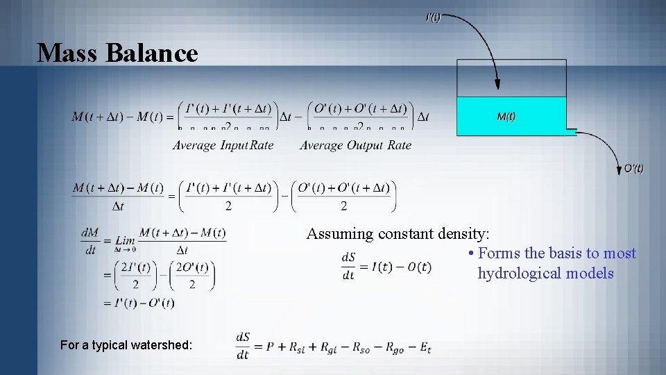 Mass Balance Assuming constant density: • Forms the basis to most hydrological models For Mass Balance Assuming constant density: • Forms the basis to most hydrological models For