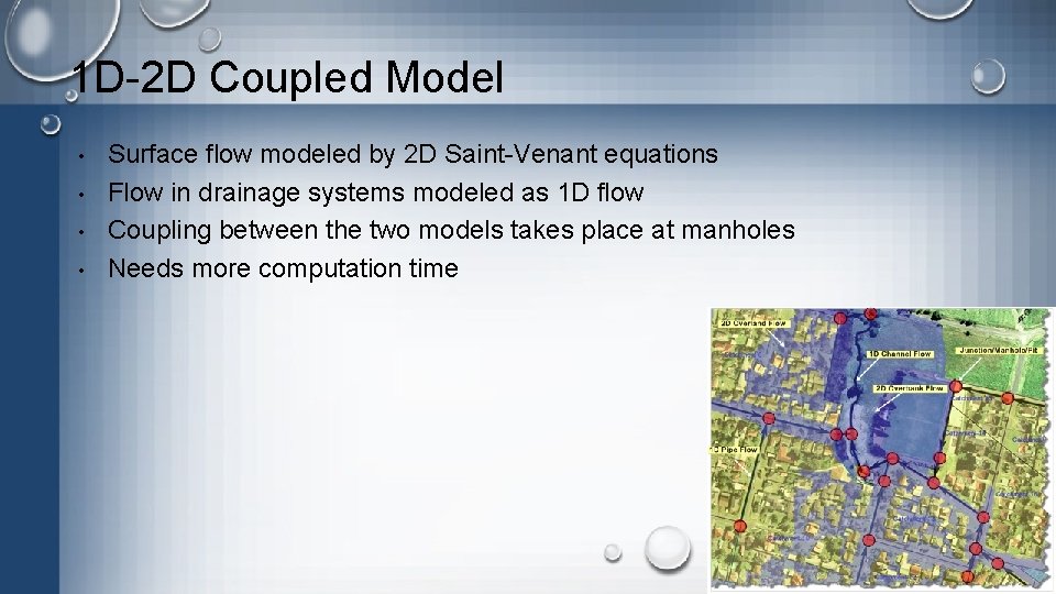 1 D-2 D Coupled Model • • Surface flow modeled by 2 D Saint-Venant