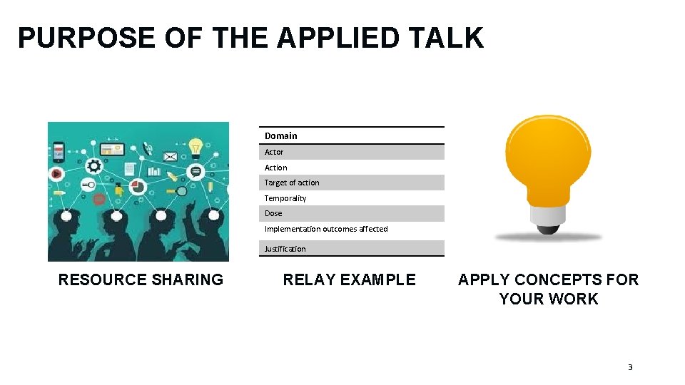 PURPOSE OF THE APPLIED TALK Domain Actor Action Target of action Temporality Dose Implementation