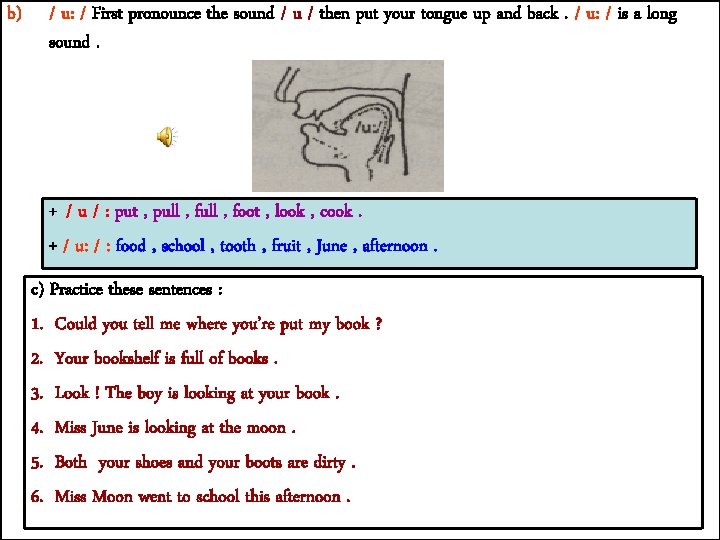 b) / u: / First pronounce the sound / u / then put your