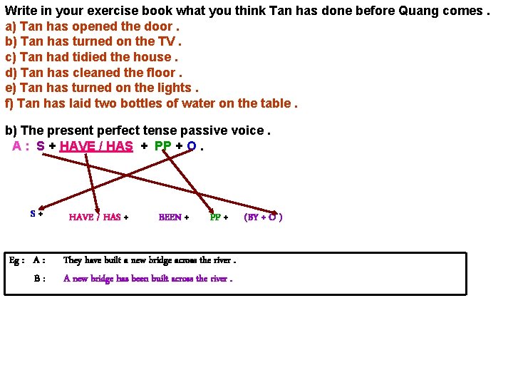Write in your exercise book what you think Tan has done before Quang comes.