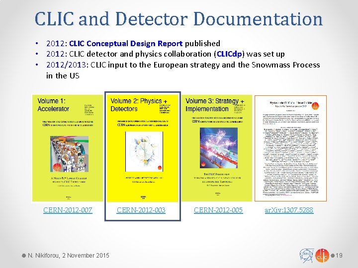 CLIC and Detector Documentation • 2012: CLIC Conceptual Design Report published • 2012: CLIC