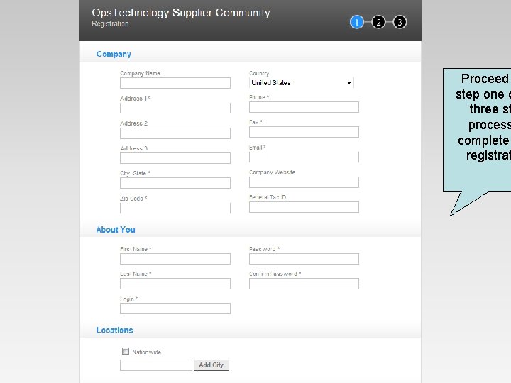 Proceed step one o three st process complete registrat 