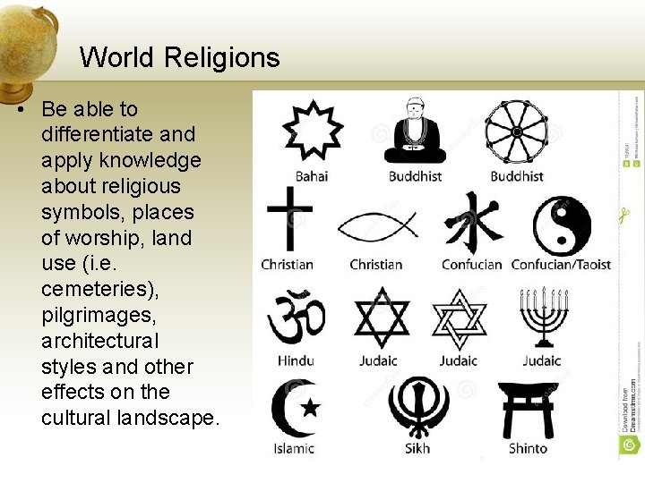 World Religions • Be able to differentiate and apply knowledge about religious symbols, places