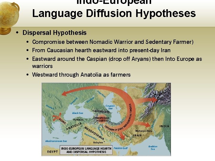 Indo-European Language Diffusion Hypotheses • Dispersal Hypothesis • Compromise between Nomadic Warrior and Sedentary