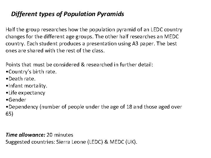 Different types of Population Pyramids Half the group researches how the population pyramid of