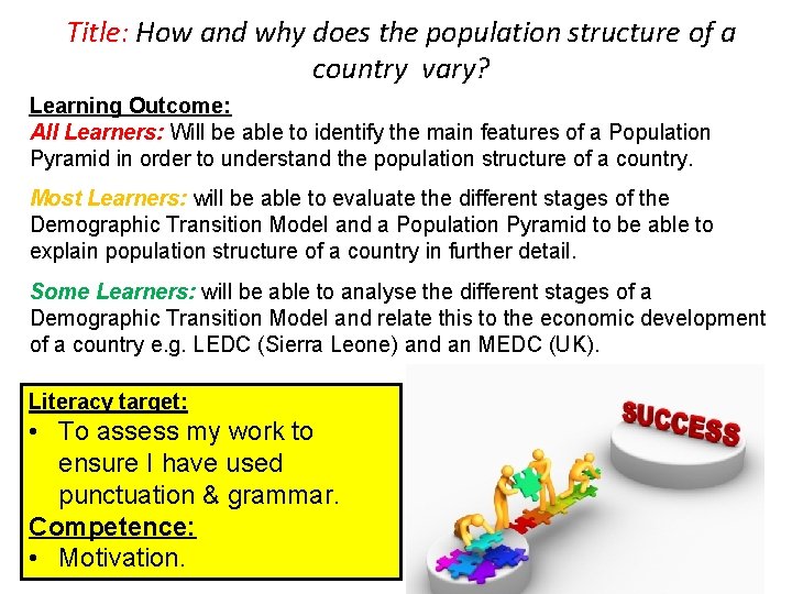 Title: How and why does the population structure of a country vary? Learning Outcome: