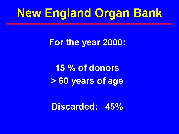 New England Organ Bank For the year 2000: 15 % of donors > 60