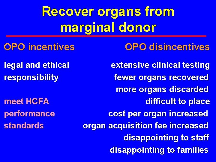 Recover organs from marginal donor OPO incentives OPO disincentives legal and ethical extensive clinical