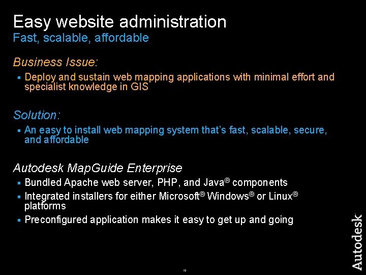 Easy website administration Fast, scalable, affordable Business Issue: § Deploy and sustain web mapping
