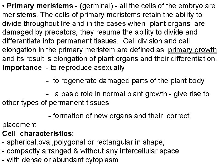  • Primary meristems - (germinal) - all the cells of the embryo are
