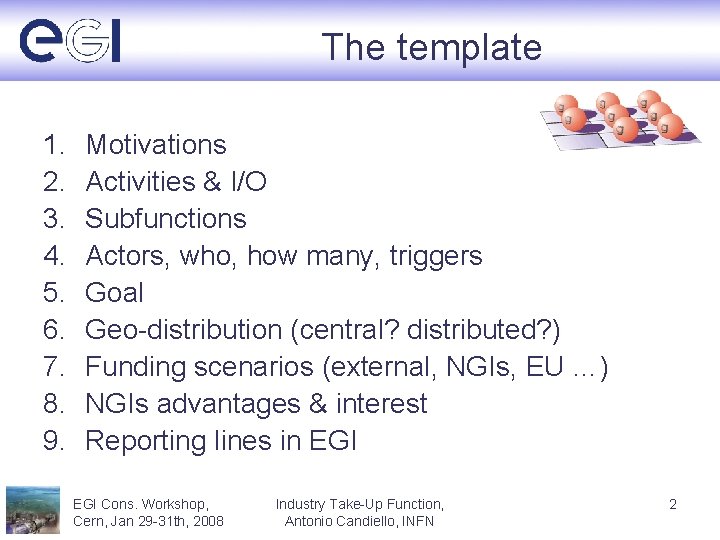 The template 1. 2. 3. 4. 5. 6. 7. 8. 9. Motivations Activities &