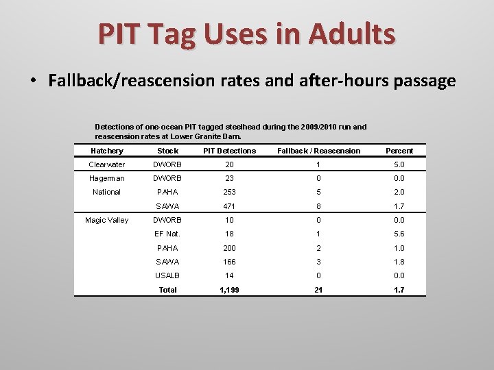 PIT Tag Uses in Adults • Fallback/reascension rates and after-hours passage Detections of one-ocean