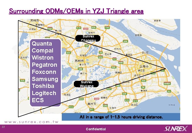 Surrounding ODMs/OEMs in YZJ Triangle area Quanta Compal Wistron Pegatron Foxconn Samsung Toshiba Logitech