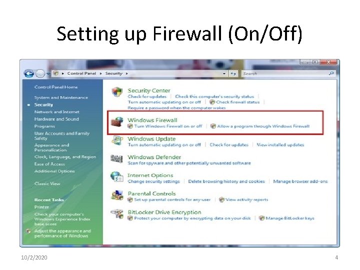 Setting up Firewall (On/Off) 10/2/2020 4 