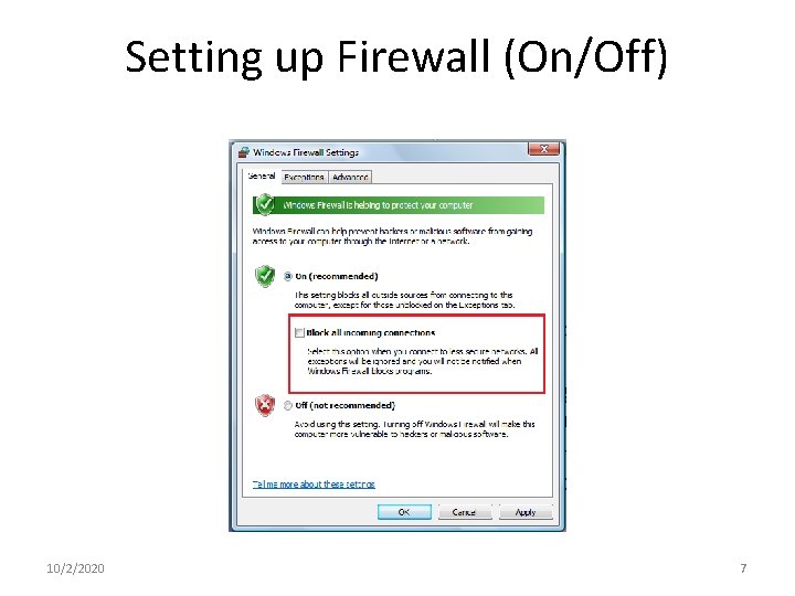 Setting up Firewall (On/Off) 10/2/2020 7 