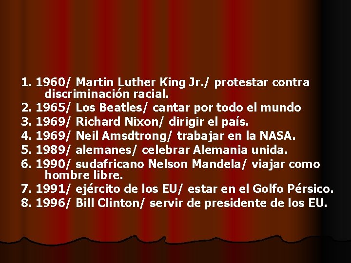 1. 1960/ Martin Luther King Jr. / protestar contra discriminación racial. 2. 1965/ Los
