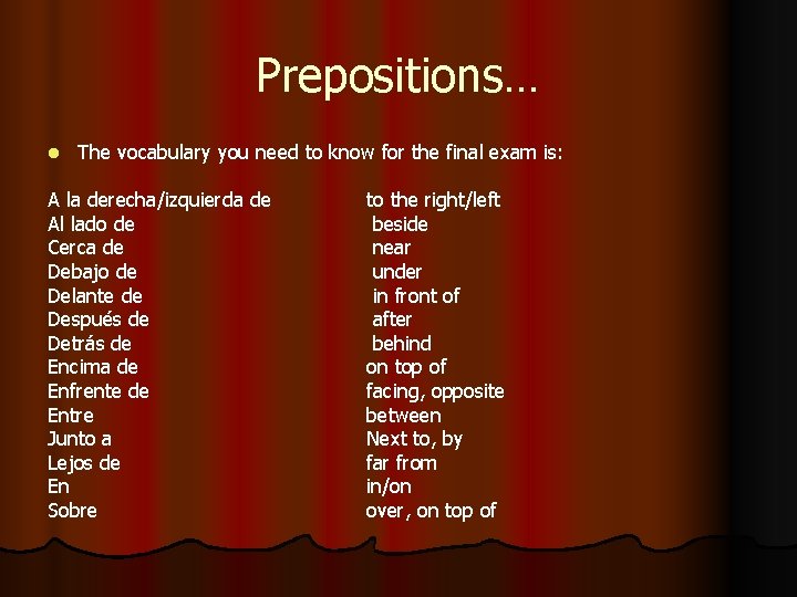 Prepositions… l The vocabulary you need to know for the final exam is: A