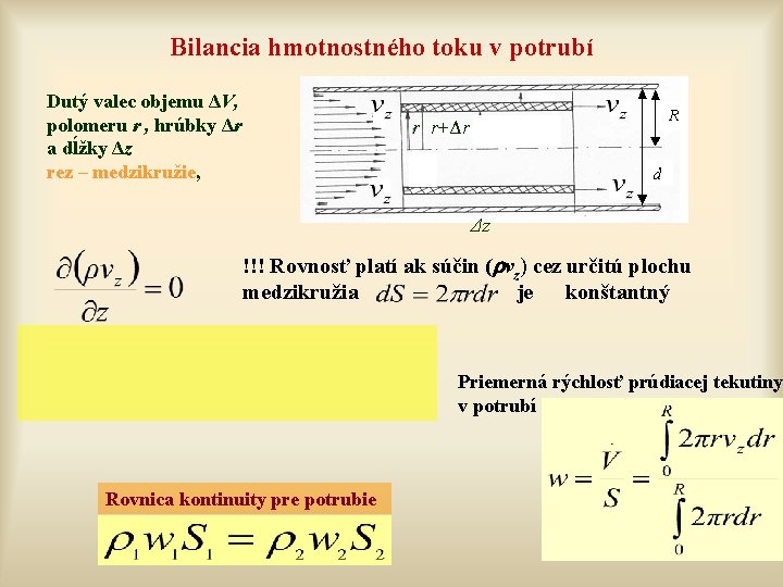 Bilancia hmotnostného toku v potrubí Dutý valec objemu ΔV, polomeru r , hrúbky Δr